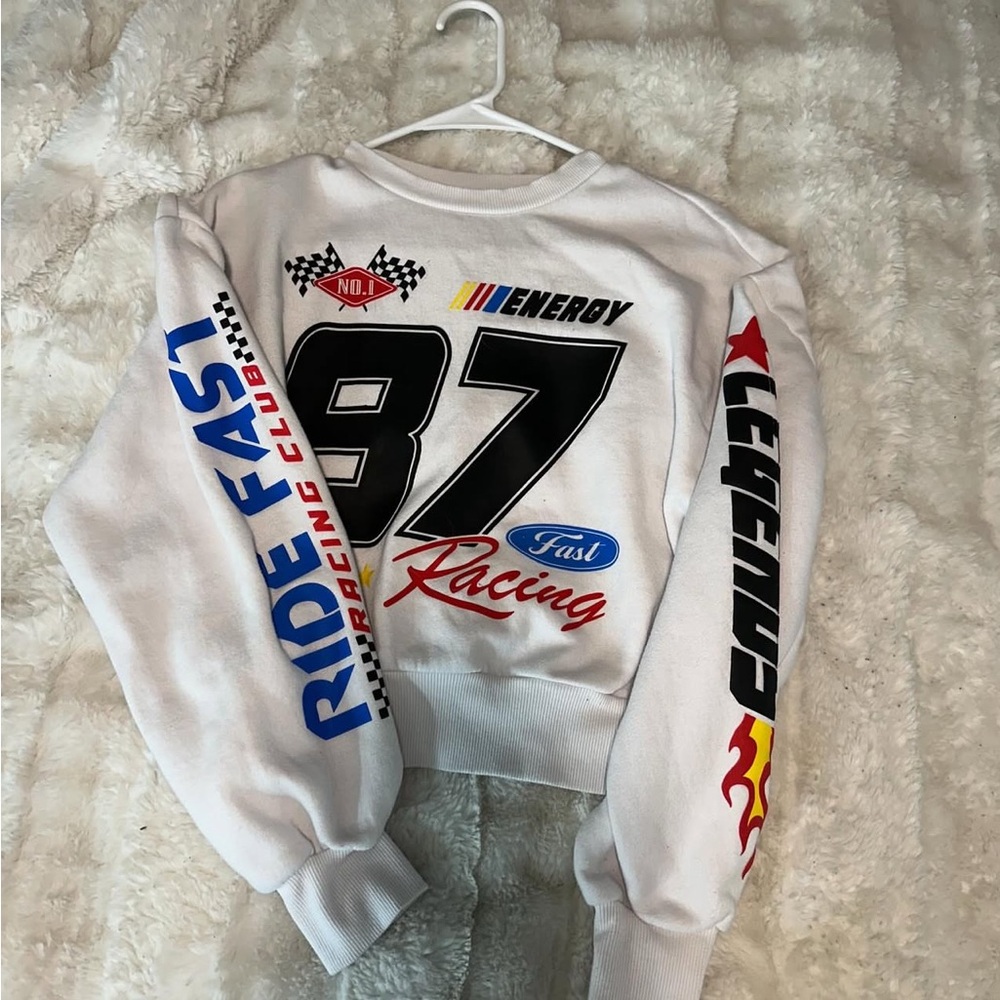 White Racing Graphic Sweater